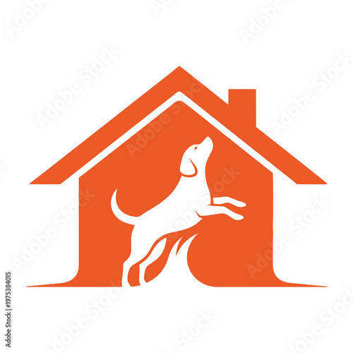 Orange house with white dog standing inside roof  animal shelter concept icon