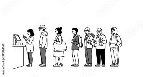 Diverse group of people patiently waiting in line at a service counter.