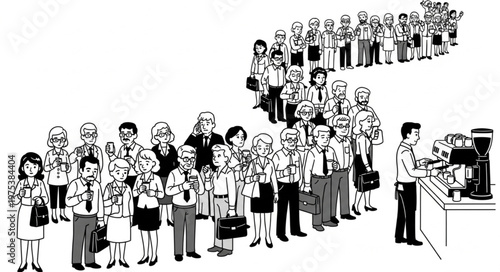 Diverse Group of People Waiting in a Long Queue at a Service Counter.