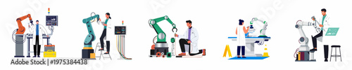 Flat vector illustration set of engineers and scientists working with industrial robotic arms for manufacturing, maintenance, and research development.