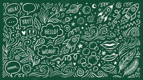 Chalkboard Doodle Art with Space Rockets Planets and Hello Messages Fun Hand Drawn Elements for Creative Design and Education