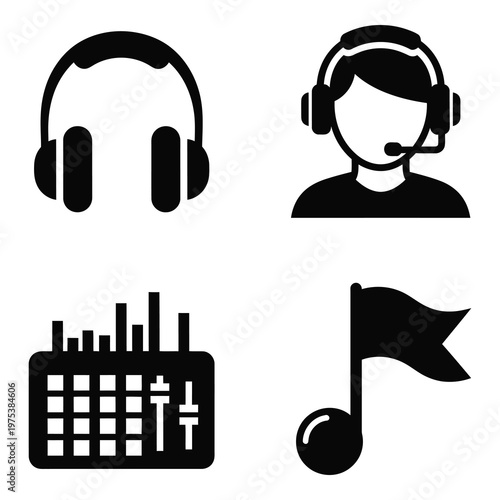 Set of black icons with headphones and music symbols on white background icon