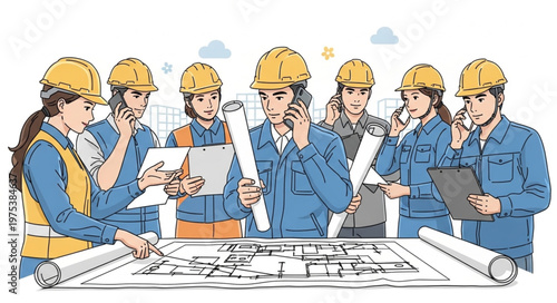 Diverse Team of Architects and Engineers Collaborating on Blueprints.