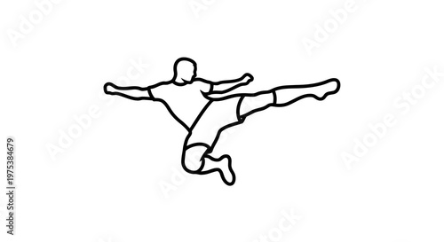 A simple line drawing of a person jumping in the air with arms outstretched.