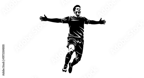 A soccer player in mid-air, celebrating with arms outstretched and one leg raised.