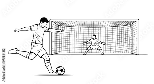 A soccer player kicking a ball towards the goal with a goalkeeper ready to block