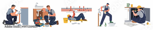 Collection of professional plumbers repairing leaky pipes, installing sinks, and working on plumbing systems in various settings, flat vector character set.
