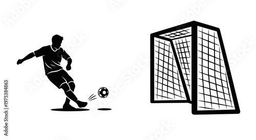 A soccer player kicking a ball towards a goal in a simple illustration.