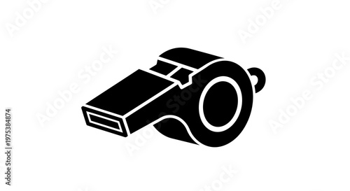 A simple black and white illustration of a whistle on a white background.