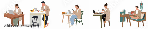 Flat illustration set of diverse people working remotely on laptops in cozy home and cafe environments, focusing on modern lifestyle and digital nomadism.