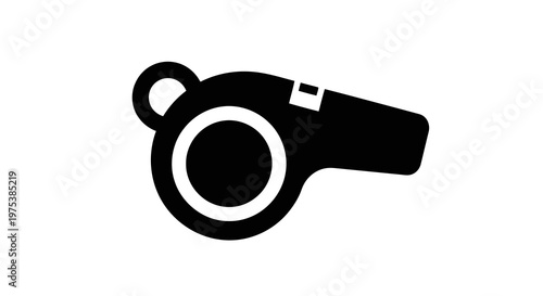 A simple black silhouette of a whistle on a white background.
