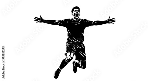 A joyful soccer player leaping with arms outstretched in celebration of a goal scored.