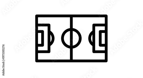 Simple black and white illustration of a soccer field layout with goals and center circle.