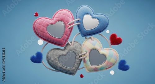 Floating fabric heart frames with luxury textures on blue background