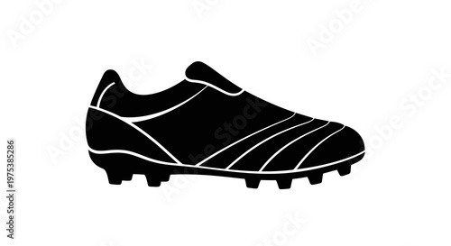 A black football boot with white lines on a white background.