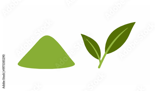 Matcha Green Tea Powder and Leaf Flat Vector Illustration