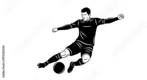 A soccer player in action, kicking a ball with dynamic movement.