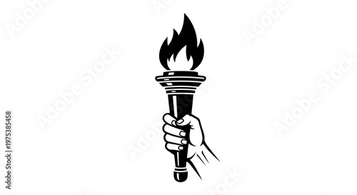 Hand holding a lit torch with flame, symbolizing freedom and guidance.