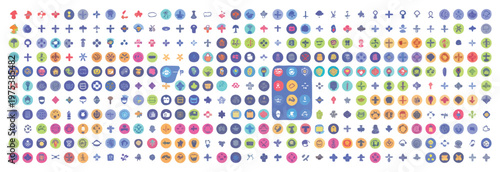 Assortment of colorful, circular icons for digital interfaces, featuring abstract and thematic elements.