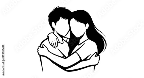 A simple black and white illustration of a couple embracing each other.