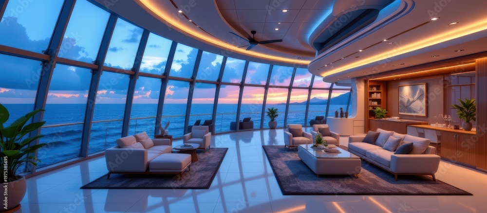 Fototapeta premium Luxurious yacht interior with panoramic ocean views at sunset, featuring modern seating and elegant decor.