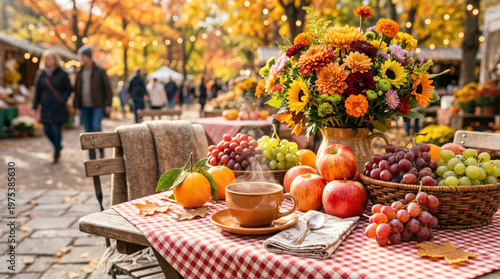Warm Fall Tea Scene with Seasonal Fruits and Rustic Outdoor Table