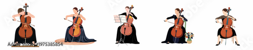 Set of elegant women in black dresses playing the cello, minimalist flat vector illustration on white background.