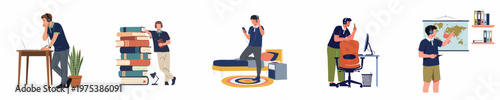 Collection of illustrations showing a man engaging in different study and work activities at home using a laptop, books, and mobile devices.