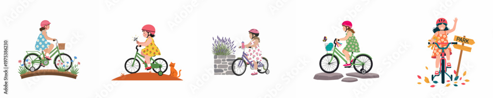 Fototapeta premium Collection of illustrations featuring a young girl wearing a pink helmet and floral dress, riding a bicycle through various scenic outdoor landscapes.