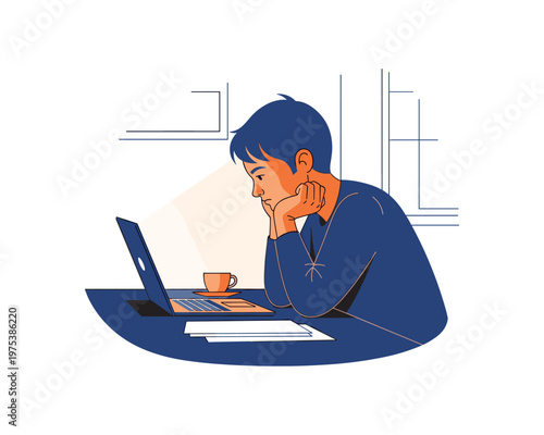 Focused Student Working on Laptop at Home, Illustration, Cozy Environment, Digital Learning Concept