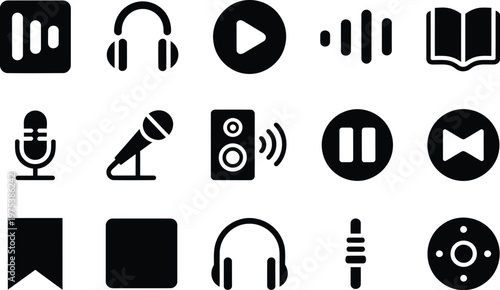 This image presents a collection of vector icons for audio and media use