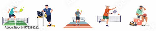 Collection of active senior pickleball players, including men and women in various action poses and resting, isolated on white background.