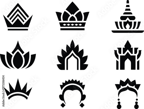 Nine distinct vector icons depicting crowns temples and lotus designs