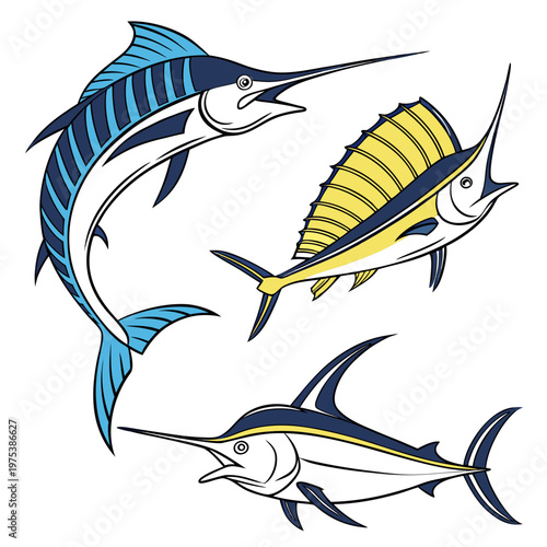 Marlin fish icons, blue and yellow marlin vector set, fishing symbols, seafood illustrations