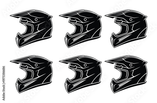 This is a vector of six identical helmets for motocross