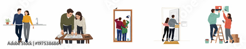 Set of flat vector illustrations depicting a young couple's journey of buying, planning, moving into, and decorating their new home.