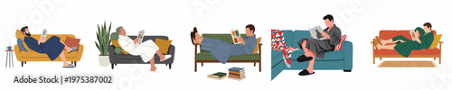 Set of men in bathrobes relaxing on sofas while reading books and magazines in a flat illustration style.