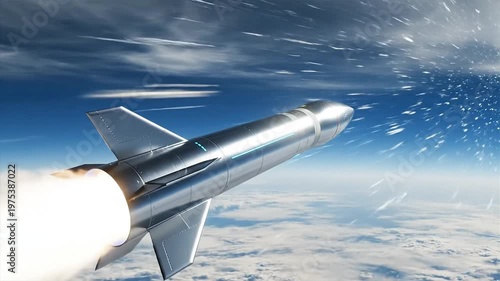 Hypersonic Missile Launching into Stratosphere with Fiery Exhaust and Streaking Debris.