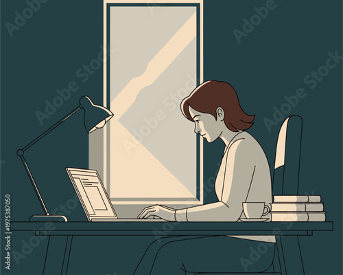 Focused Professional Working on Laptop at Home Office with Natural Light, Illustration, Calm Environment, Side View