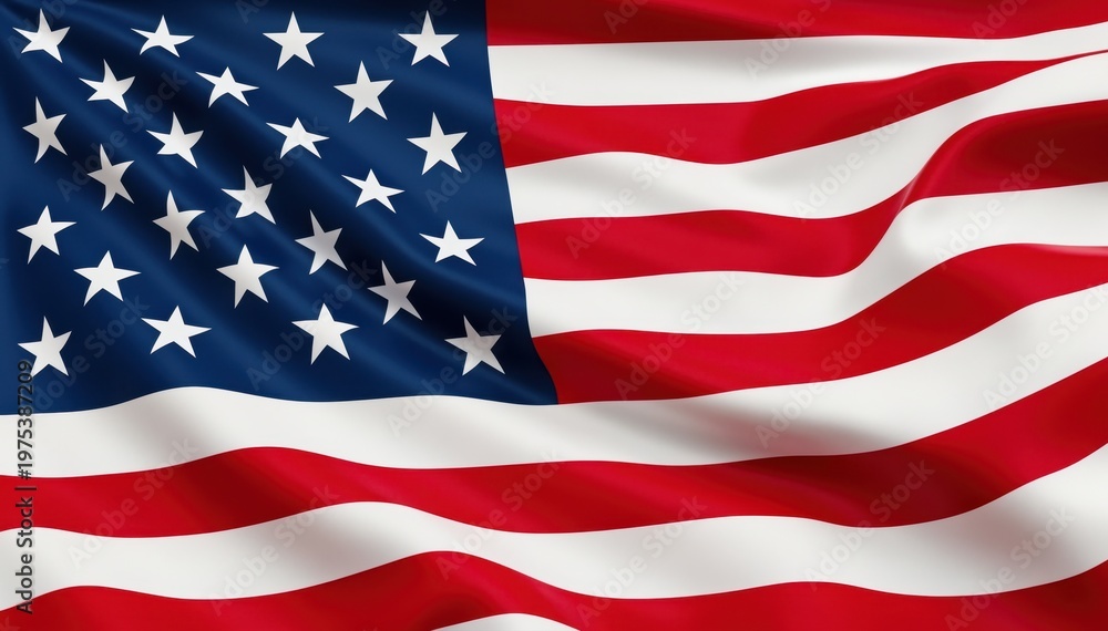 Fototapeta premium American Flag Waving: An iconic image of the United States flag billowing gracefully in the wind, symbolizing freedom, patriotism, and the spirit of a nation.