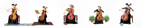 A collection of elegant minimalist illustrations featuring female cellists in formal black dresses playing their instruments against a clean white background.