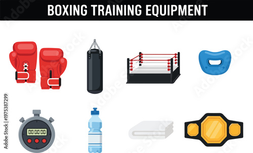Collection of boxing training equipment items, including gloves, punching bag, ring, and championship belt