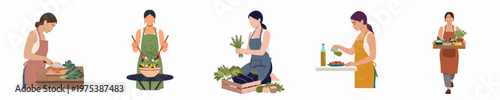 Set of flat illustrations showing diverse women preparing, cooking, and serving healthy organic food with fresh vegetables and ingredients.