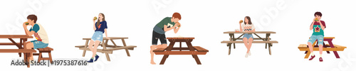 Flat vector illustration set of diverse young people enjoying burgers while sitting at wooden picnic tables on a white background.