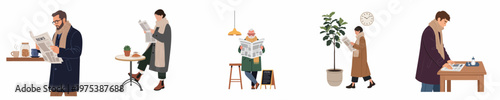 Set of flat vector illustrations of diverse people in warm clothing reading newspapers in various cafe and public settings.