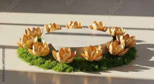 Luxury stone product display pedestal surrounded by golden lotus flowers