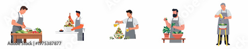 Collection of male characters preparing healthy salads, including chopping vegetables, mixing ingredients, dressing with oil, adding herbs, and grating cheese.