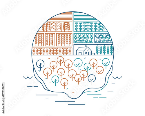 Sustainable Farming Practices, Agricultural Land, Rural Area, Illustration, Eco-Friendly, Aerial View, Nature Conservation