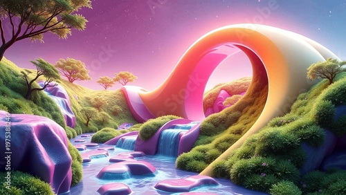 Whimsical Dreamscape with Pink River, Cascading Waterfalls, and Surreal Archway