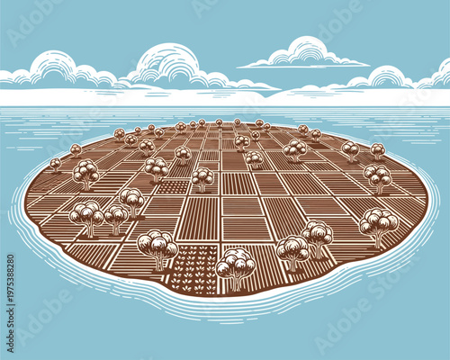 Mushroom Cultivation Island, Digital Illustration, Serene Environment, Aerial View, Innovative Agriculture Concept